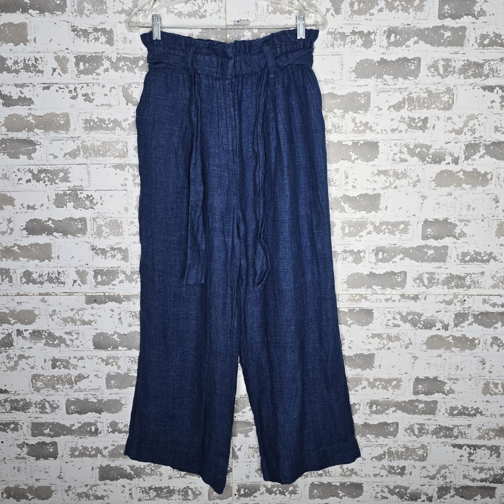 Faherty Pants Womens M 100% Linen Blue Garbage Bag Waist Palazzo Wide Leg Boho - Picture 1 of 12